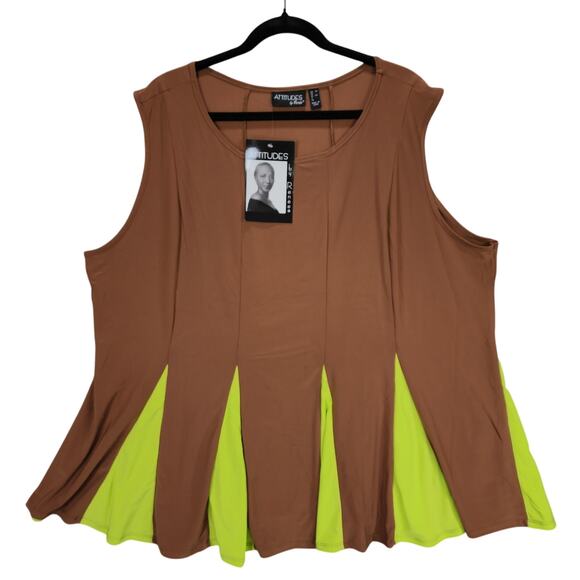Attitudes by Renee 3X Women Brown Lime Green Peplum Hem Stretch Slinky Knit NEW - Picture 1 of 11